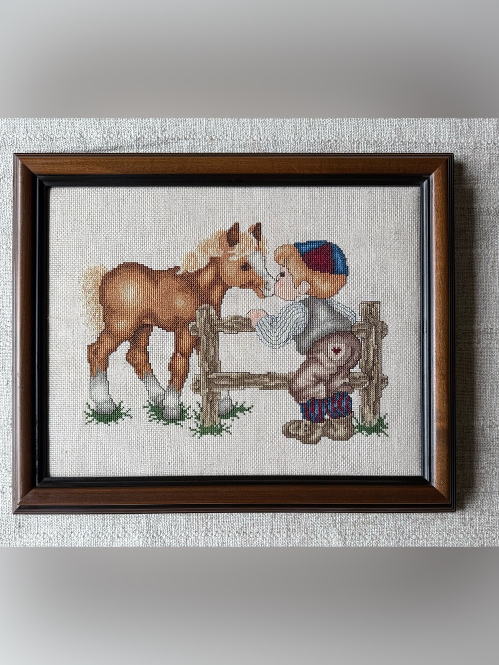 Vintage Handmade Cross Stitch Boy & Pony Wall Art – Framed